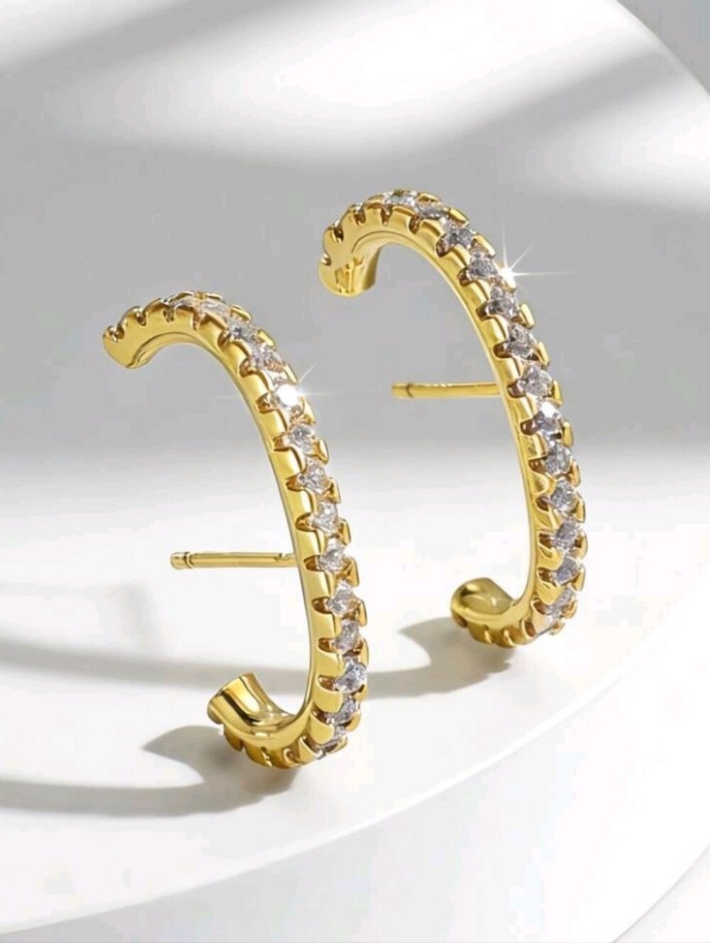NEW! 18K Gold Plated Minimalist CZ Open Curve Hoop Post Earrings - Women Jewelry